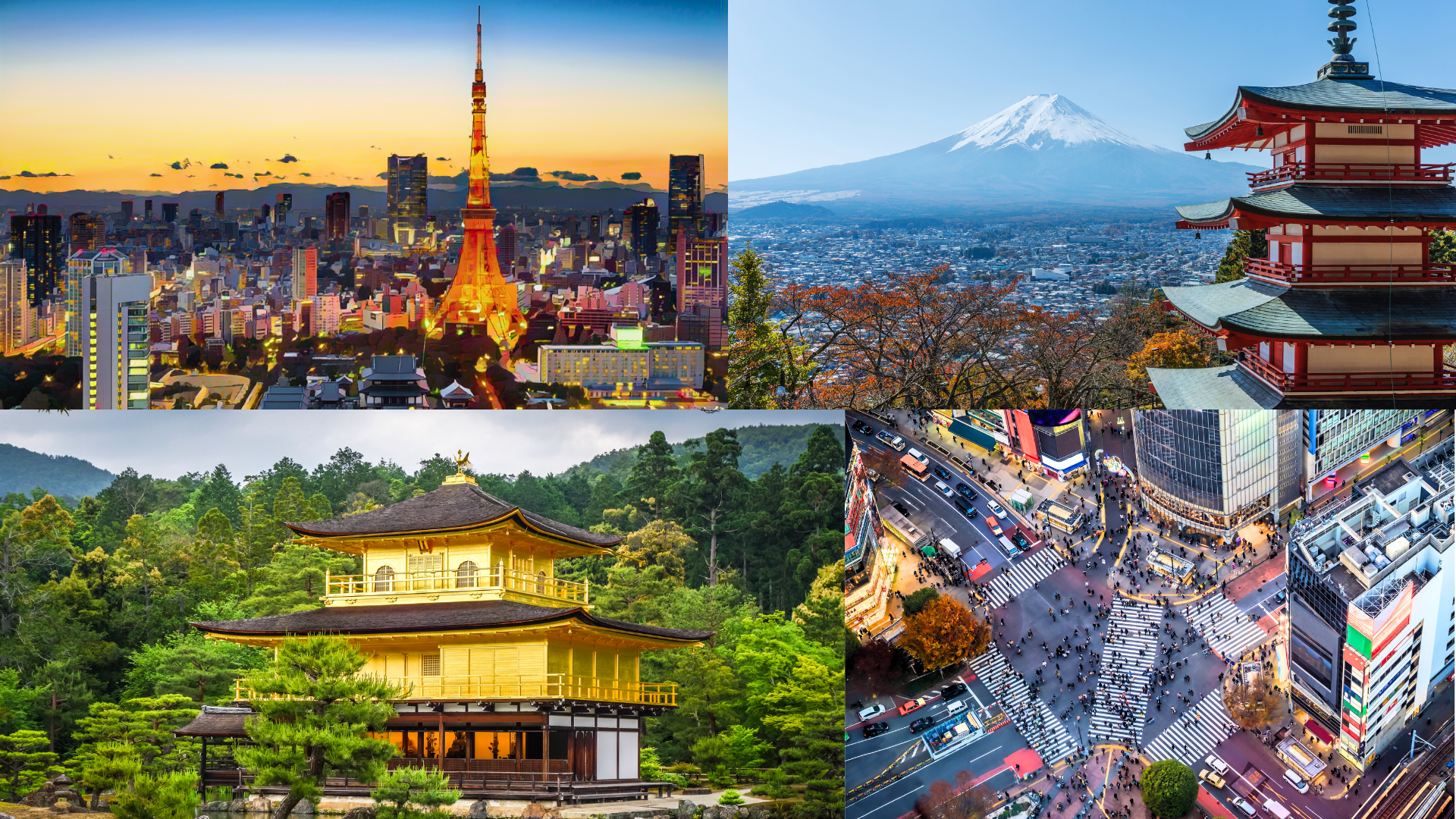 Collage of Mt. Fuji, Tokyo Tower, Kyoto and Shibuya